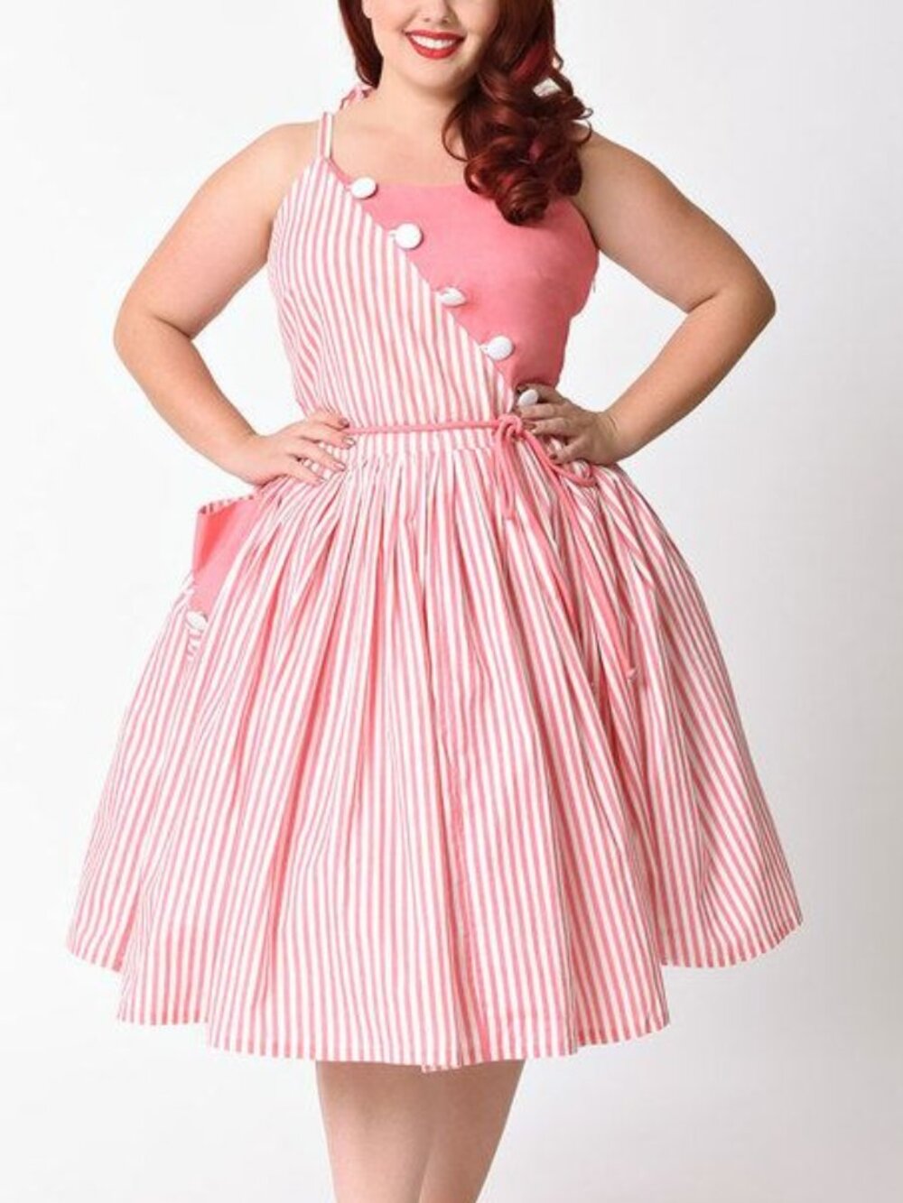 Unique Vintage - M - Rare - Pink and White Cotton Striped Hamilton Swing Dress